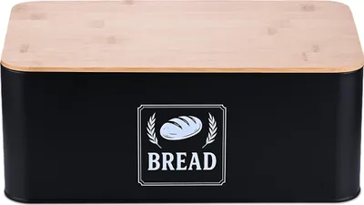 Produktbild von Relaxdays Brotkasten, Bambusdeckel, Metall, HxBxT: 13,5 x 33 x 19 cm, Retro Brotaufbewahrungsbox, Brotbehälter, schwarz