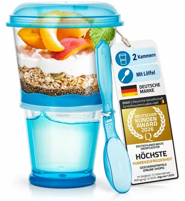Produktbild von Müsli 2 Go Becher Blau mit Löffel & Iso-Kühlfach – Premium Joghurtbecher für Unterwegs, Büro & Schule – Knuspriges Müsli jederzeit genießen