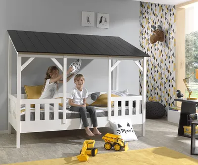 Produktbild von Kinder- Hausbett ALEXANDRIA-12 mit 90 x 200 cm Liegefläche, Dach in schwarz - B/H/T: 214,2/174/105,3cm
