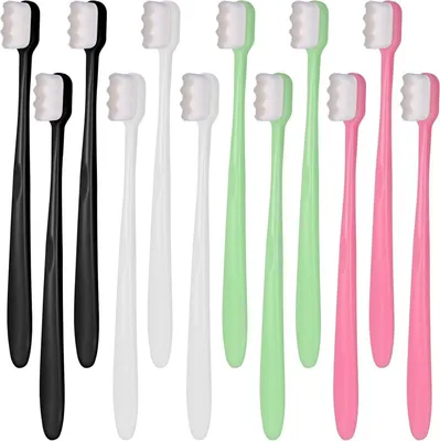 Image de lot de 12 brosses à dents extra-souples Nano pour adultes & enfants, 20.000 poils, Noir Blanc Vert Rose