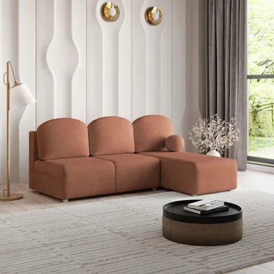 Produktbild von Masseno Ecksofa TRAMA mit Schlaffunktion L-Form, Sofa mit Bettkasten, Wohnzimmersofa, Couch, Soffa, Bettsofa, Couchgarnitur- Orange, NEVE 52
