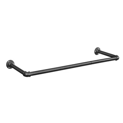 A black industrial-style garment rack mounted on a white background.