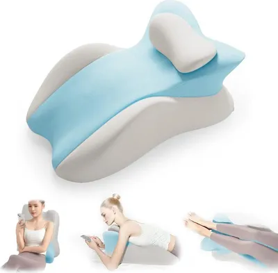 Image de （Bleu-Gris）Coussin cervical en mousse à mémoire de forme pour adultes en position ventrale - Coussin ergonomique en forme de coin pour le sommeil sur le ventre, la lecture et le soutien du dos et de la nuque