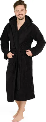 Produktbild von Blumtal Bademantel Herren, kuschelig weicher Bademantel Herren mit Kapuze aus 100% Baumwolle mit gefütterter Kapuze und samtigen Frottee-Velours, ® , Größe XL, Schwarz