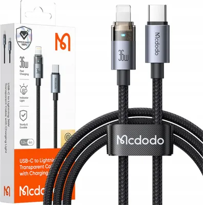 Zdjęcie produktu dla Mcdodo Kabel Usb-C Szybkie Ładowanie Do Iphone Lightning 36W 1M Led Czarny