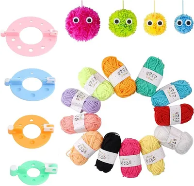 Imagen del producto de Kit de pompones que incluye 16 pompones, 4 herramientas para hacer pompones, 12 paquetes de lana y una herramienta para manualidades, ideal para tejer