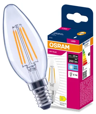 Produktbild von LED-Lampe E14, "Świeczka" B35, 1,8W = 25W, 250lm, 4000K (neutralweiß), 300°, Filament, VALUE, Osram, KI-generiertes Bild