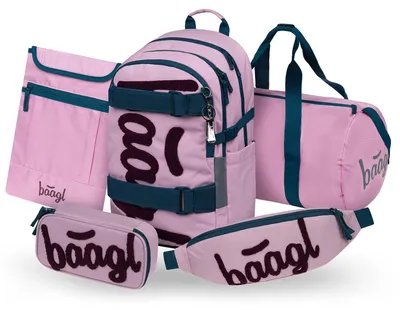 Image de Ensemble de sac à dos pour fille Baagl, 5 pièces, comprenant un sac à dos à motif skateboard, 25 litres, de couleur rose