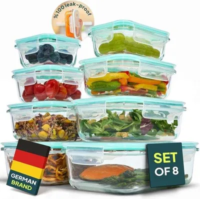 Obrázek produktu pro Skleněné nádoby na potraviny – sada 8 kusů – průhledné – vzduchotěsné a stohovatelné – pro přípravu jídel