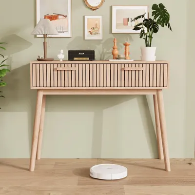 Image de Table console avec 2 tiroirs, petite table d'appoint en bois, idéale pour l'entrée, le salon ou la chambre, finition naturelle, dimensions : 100 x 35 x 80 cm