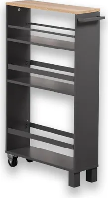 A dark gray narrow shelving unit with a wooden top, on wheels.