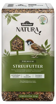 Produktbild von Dehner Natura Premium Wildvogelfutter, Streufutter, Ganzjahresfutter proteinreich / energiereich, hochwertiges Vogelfutter für Wildvögel, 20 kg