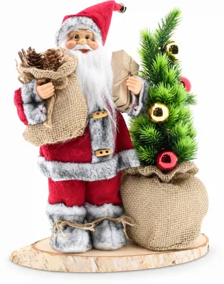 Image de Benza – Père Noël avec sapin de Noël illuminé – 30 cm – Décoration de Noël à poser, sur socle en bois – Rouge avec bordure en Fourrure artificielle grise