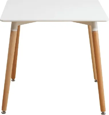 A white square table with wooden legs on a white background.