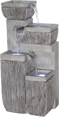 Produktbild von dobar Großer Design Garten-Brunnen mit Pumpe und LEDŽs, Springbrunnen XL mit 4 Wasser-Behälter rechteckig für drinnen u. draußen, 38,7x32,3x80,3 cm, Polyresin