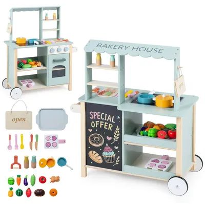 Immagine prodotto di KOMFOTTEU: Cucina giocattolo in legno, cucina per bambini con maniglie scorrevoli e 2 ruote