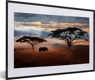 Produktbild von MuchoWow® MuchoWow® Gerahmtes Poster Elefant - Baum - Berg - Afrika 60x40 cm - Poster mit zchwarzem Bilderrahmen - Schlafzimmer - Plakat in Rahmen - Drucken