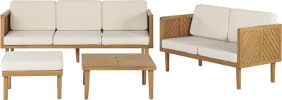 Produktbild von BELIANI Lounge Set Hellbraun Akazienholz 4-teilig für 5 Personen mit Auflagen Beige Stoff Couchtisch Fußhocker 2er und 3er Sofa Outdoor Terrasse Garten