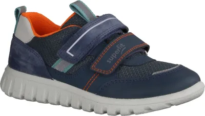 A single blue and orange sneaker is shown against a white background.
