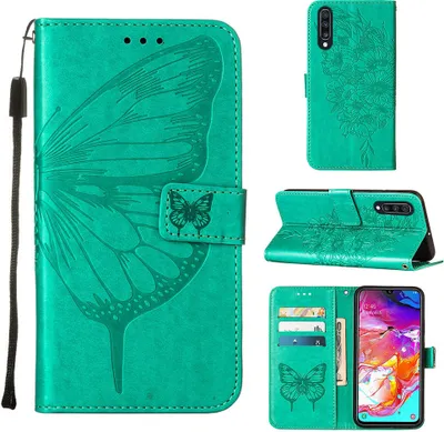 Produktbild von Galaxy A70 Hülle, Schmetterling Prägung Flip Leder Kartenfächer Schutzhülle Ledertasche mit Ständer für Samsung Galaxy A70 / A70S Grün
