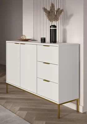Productafbeelding van Moderne witte commode met gouden handgrepen - ideaal voor woonkamer en slaapkamer