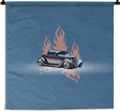 Produktbild von MuchoWow® Wandteppich Wandbehang Auto - Blau - Flammen - Vintage 60x60 cm Tapisserie Dekoration Wandtuch - Dekorationen - Wand Decke