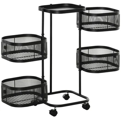 Produktbild von Servierwagen mit 4 drehbaren K?rben auf Rollen, Obst- und Gemš¹sewagen, Tablett, Drahtregal, 33 x 33 x 77 cm, schwarz