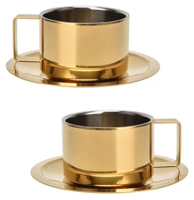 2 Espressotassen mit Untertassen, Gold, Edelstahl, 200 ml