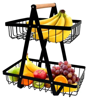 Produktbild von 2-stöckige Obstkorb-Etagere mit Holzgriff, schwarze Metall Obstschalen für Obst, Gemüse und Snacks im Zuhause, Küche und Büro