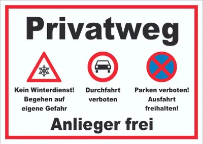 Produktbild von Privatweg KeinWinterdienst Durchfahrt Parken verboten Schild A4 (210x297mm)
