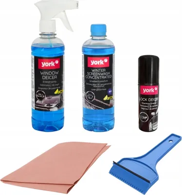 Zdjęcie produktu dla York Zestaw do auta Płyn do spryskiwaczy 500 ml + Odmrażacz do szyb 500 ml + Odmrażacz do zamków 50 ml + Skrobaczka do szyb + Ściereczka antymgielna