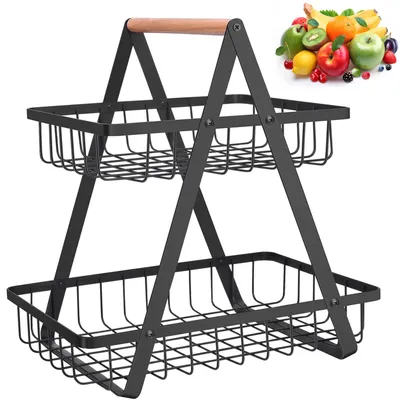 2-stöckiger Obstkorb aus Metall, schwarz, 27x17x33 cm, abnehmbar