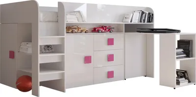 Produktbild von Etagenbett für Kinder Toledo 1 Stockbett mit Treppe und Bettkasten (Weiß + Weiß Glanz + rosa Griffe)