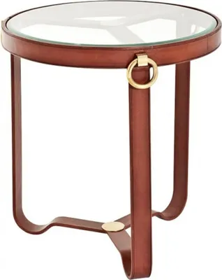Produktbild von Casa Padrino Luxus Designer Beistelltisch mit Glasplatte Rund Echtleder mit Messing Applikationen