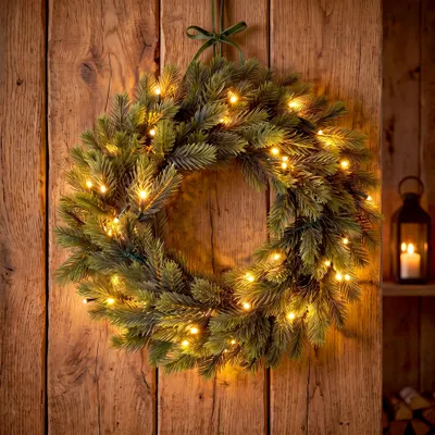 Produktbild von LED Spritzguss Tannenkranz batteriebetrieben mit Timer für Außen und Innen - 40 cm - Weihnachtskranz warm weiß beleuchtet mit naturgetreuer Kunsttanne
