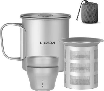 Obrázek produktu pro lixada outdoorový titanový hrnek, čistě titanový hrnek na vodu, kempingový šálek, hrnek na kávu, skládací hrnek (375 ml titanový hrnek + titanový odkapávač na čaj + 2 šálky)