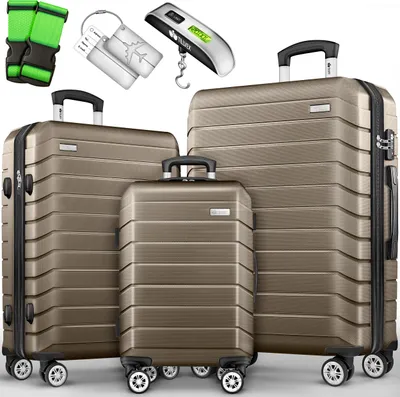 Produktbild von tillvex® Reisekoffer Set 3-TLG. + Gepäckwaage, 6X Koffergurte & 3X Kofferanhänger | Kofferset 4 Rollen | Trolley Gepäck Koffer TSA Schloss | Rollkoffer Hartschalenkofferset S-M-L-XL (Roségold)