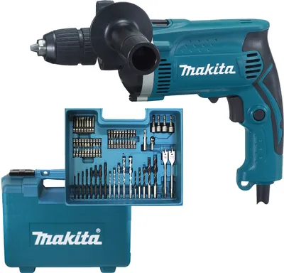 Produktbild von Makita Schlagbohrmaschine HP1631KX3, 710W, Schwarz-Blau, Aluminium-Druckguss Gehäuse, 296x75x204mm (LxBxH), Schlagabschaltung, Schnellspannbohrfutter, Drehzahlregelung, Rechts-/Linkslauf, Softgrip, Zusatzhandgriff, inkl. 74-tlg. Zubehörset, kompakt