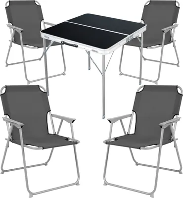 A set of camping furniture including a table and four chairs, displayed on a white background.