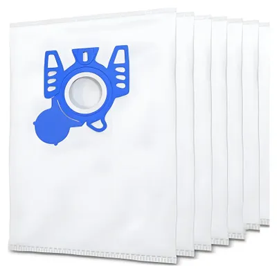 A stack of white vacuum cleaner bags with a blue adapter on the front of one bag.