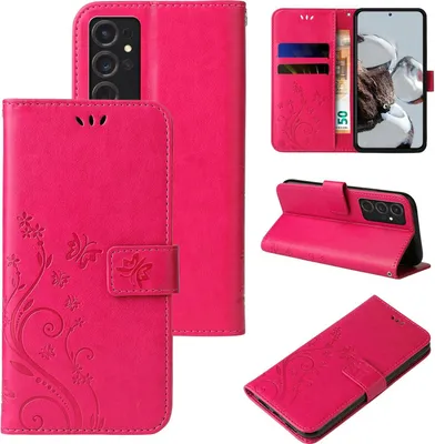 Produktbild von Handyhülle für Samsung Galaxy S24 Ultra Floral Blumen Schmetterling Flip Cover Hülle Case Klapphülle Handytasche Farbe: Pink