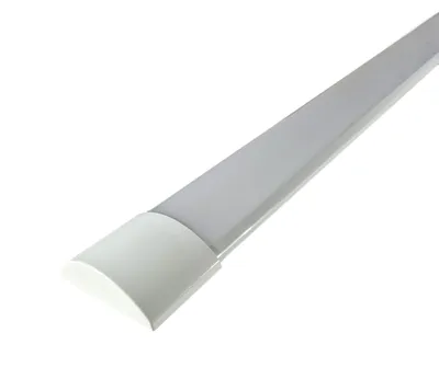 A close-up, angled view of a white LED light fixture against a white background.