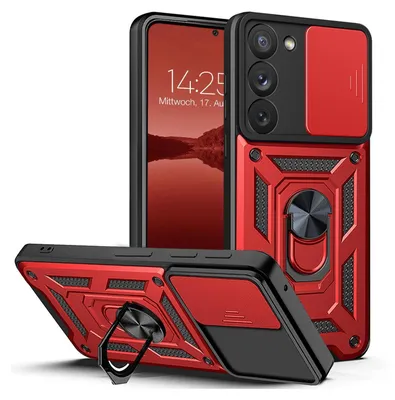 A red and black armor case for a Samsung Galaxy S23 phone, shown from multiple angles.