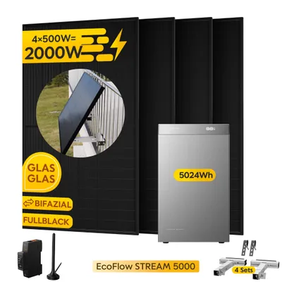 Produktbild von Powerness Balkonkraftwerk mit Speicher: EcoFlow STREAM 5000 Speicher 5024Wh & 4x 500W Module & Smart Meter & 4x Balkon-Halterung 0% VAT