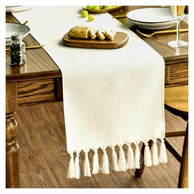 Produktbild von Beige Tischläufer im Landhausstil mit Quasten, waschbar, für Küche und Tischdekoration, 33x183 cm