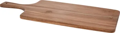 A wooden cutting board with a handle is shown against a white background.