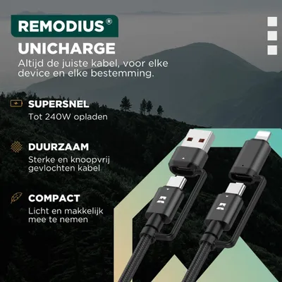 Productafbeelding van Remodius Wereldstekker PRO + UniCharge – universele reisstekker 100W GaN met 4-in-1 oplaadkabel