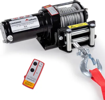 Produktbild von ROTFUCHS Elektrische Seilwinde 12V mit Funkfernbedienung – 1360 kg / 3000lbs Offroad Motorwinde Seilzug Elektrowinde, 9,2 m Stahlseil, Schwarz