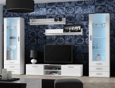 Produktbild von Furniture24 Wohnwand SOHO 4 mit Blauer LED Beleuchtung, Anbauwand, Wohnzimmerschrank, Schrankwand, Vitrine, Lowboard, Hängeregal Weiß/Weiß Hochglanz
