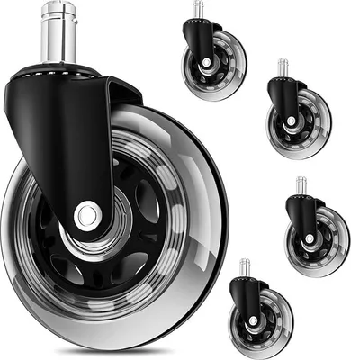 A set of office chair casters, with one in the foreground and four smaller ones in the background.